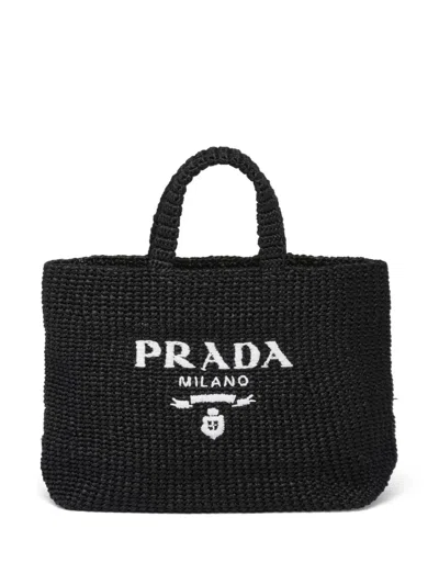 Prada Raffia Tote Bag In Black