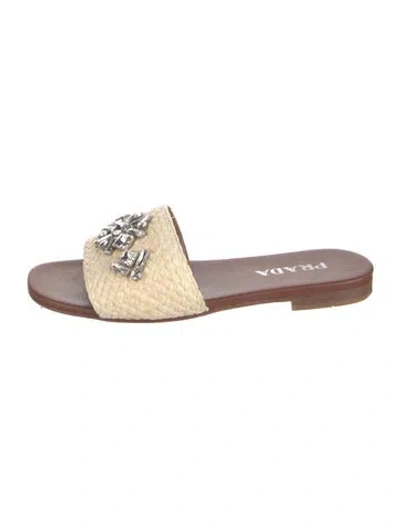 Pre-owned Prada Raffia Whipstitch Trim Slides In Neutrals
