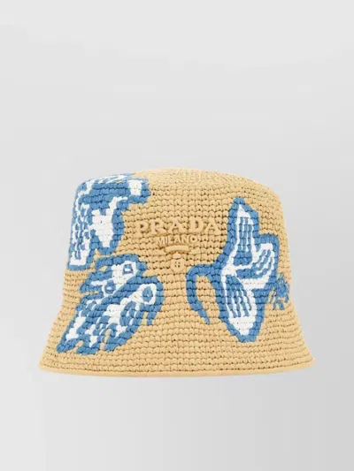 Prada Raffia Woven Bucket Hat In Cream