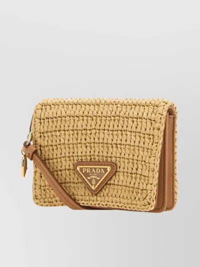 Prada Raffia Woven Rectangular Card Holder With Strap In Nude