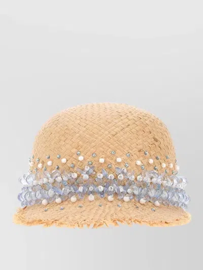Prada Rafia Baseball Cap Embellished Frayed Brim In Brown