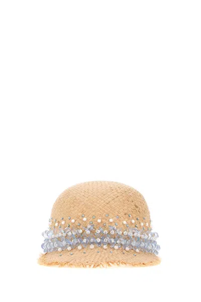 Prada Rafia Baseball Cap Embellished Frayed Brim In Brown