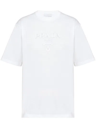 Prada Raised Logo Round-neck T-shirt In Bianco