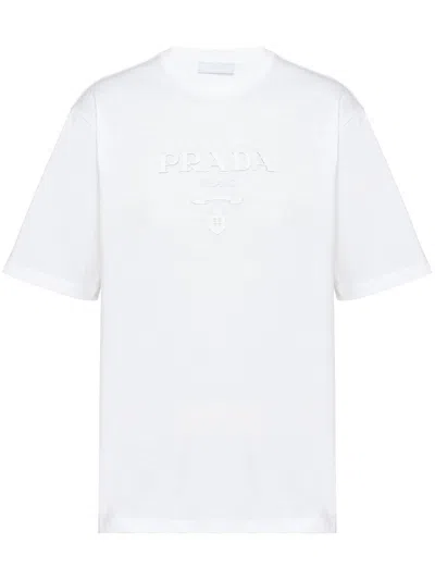 Prada Raised Logo Round Neck T Shirt In White