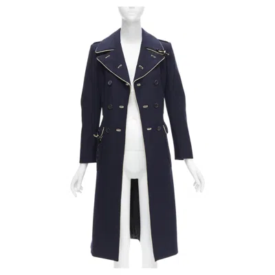 Pre-owned Prada Rare  2004 Runway Navy Wool Grommet Leather Longline Officer Coat It36 Xxs In Blue