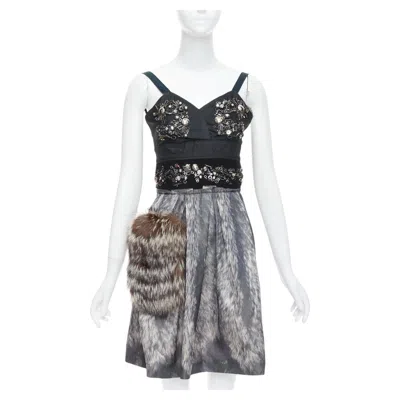 Pre-owned Prada Rare  2006 Runway Grey Silk Fur Bolts Embellished Dress It40 S In Gray