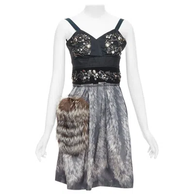 Pre-owned Prada Rare  2006 Runway Grey Silk Fur Bolts Embellished Dress It40 S In Gray