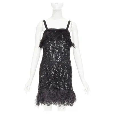 Pre-owned Prada Rare  2014 Black Sequinned Lace Ostrich Feather Strappy Mini Dress It38 Xs