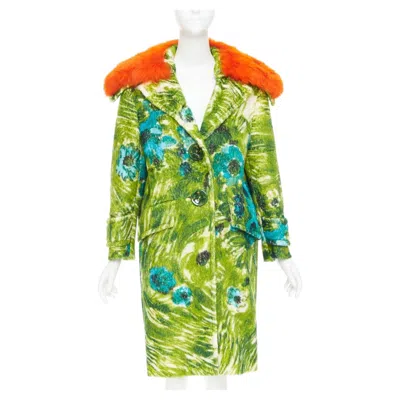 Pre-owned Prada Rare  2017 Runway Alpaca Wool Green Floral Orange Fur Collar Coat It38 Xs