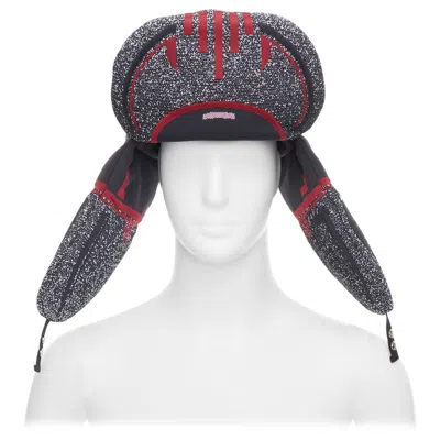 Pre-owned Prada Rare  2019 Runway Red Grey Logo Jacquard Padded Trapper Hat L