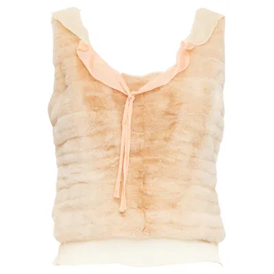 Pre-owned Prada Rare  Vintage Cream Dyed Fur Pink Silk Satin Bow Vest Top It40 S In White