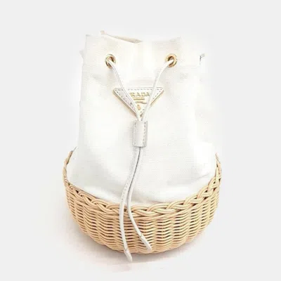 Pre-owned Prada Rattan Bucket Tote And Shoulder Bag In White