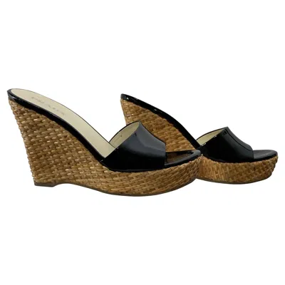 Pre-owned Prada Rattan Wedge Heel Mule With Black Patent Leather - Worn Once