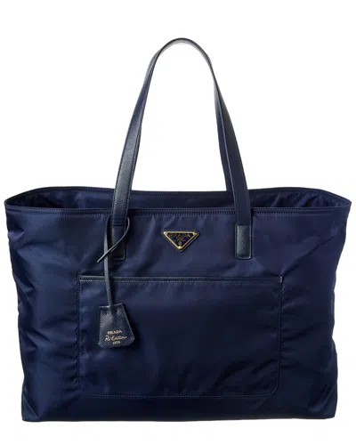 Prada Re-edition 1978 Large Nylon & Saffiano Leather Tote In Blue