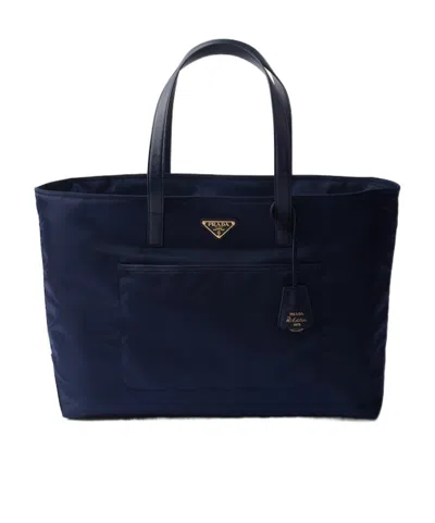 Prada Re-edition 1978 Large Re-nylon And Saffiano Leather Tote Bag In Blue