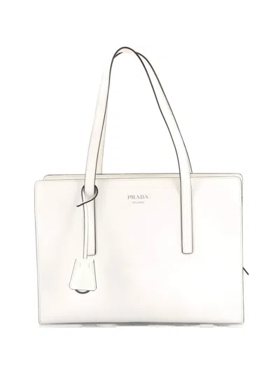 Pre-owned Prada Re-edition 1995 Top Handle Tote Spazzolato Leather Medium Satchel In White
