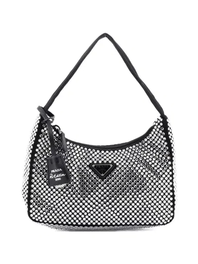 Pre-owned Prada Re-edition 2000 Crystal Embellished Satin Mini Hobo Bag In Black