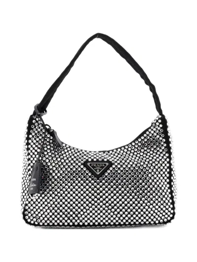Pre-owned Prada Re-edition 2000 Crystal Embellished Satin Mini Hobo Bag In Black