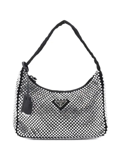 Pre-owned Prada Re-edition 2000 Crystal Embellished Satin Mini Hobo Bag In Black