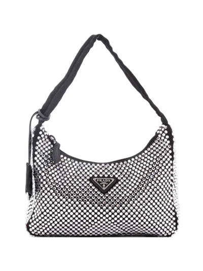 Pre-owned Prada Re-edition 2000 Crystal Embellished Satin Mini Hobo Bag In Black