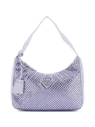 Pre-owned Prada Re-edition 2000 Crystal Embellished Satin Mini Hobo Bag In Purple