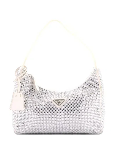 Pre-owned Prada Re-edition 2000 Crystal Embellished Satin Mini Hobo Bag In White