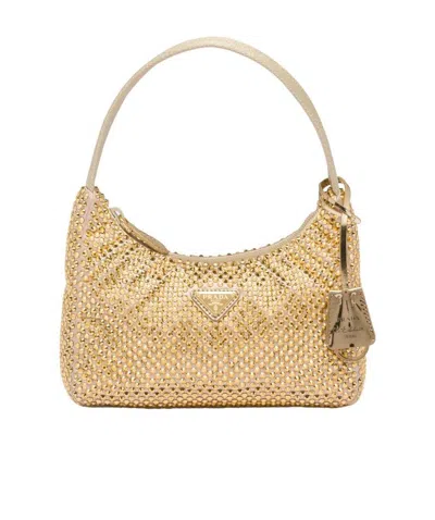 Prada Re-edition 2000 Crystal-embellished Shoulder Bag In Platinum