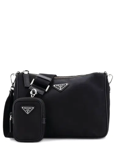 Pre-owned Prada Re-edition 2000 Double Zip Shoulder Bag Tessuto Small Crossbody Bag In Black