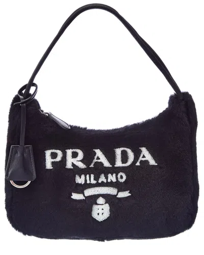 Prada Re-edition 2000 Mini Shearling Shoulder Bag In Black