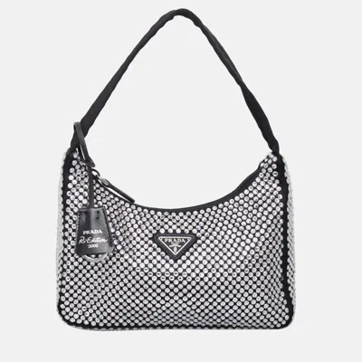 Pre-owned Prada Re-edition 2000 Satin Mini Crystal Bag In Black
