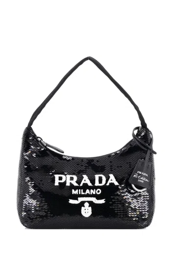 Pre-owned Prada Re-edition 2000 Sequins Mini Hobo Bag In Black