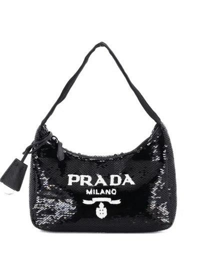 Pre-owned Prada Re-edition 2000 Sequins Mini Hobo Bag In Black