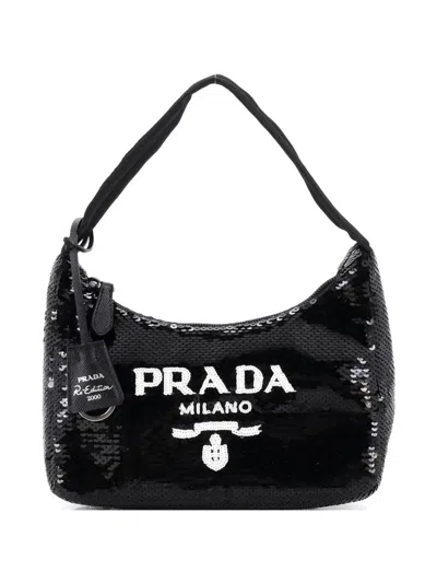 Pre-owned Prada Re-edition 2000 Sequins Mini Hobo Bag In Black