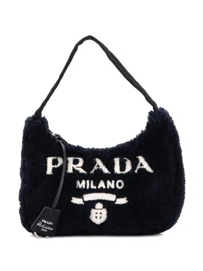 Pre-owned Prada Re-edition 2000 Terry Cloth Mini Hobo Bag In Black