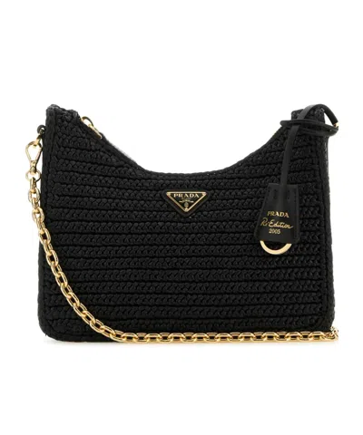 Prada Small Crochet Raffia Shoulder Bag In Black
