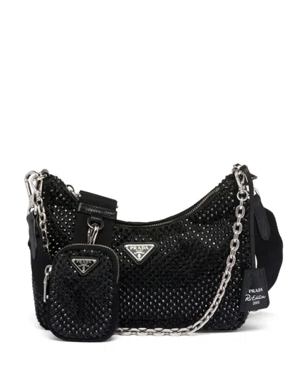 Prada Re-edition 2005 Crystal-embellished Shoulder Bag In Black