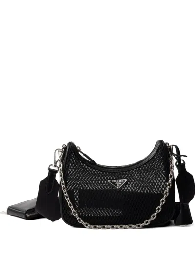 Prada Re-edition 2005 Mesh And Brushed Leather Bag In Black