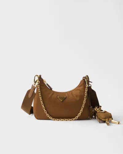Prada Re-edition 2005 Re-nylon And Saffiano Leather Bag With Charm In Brandy