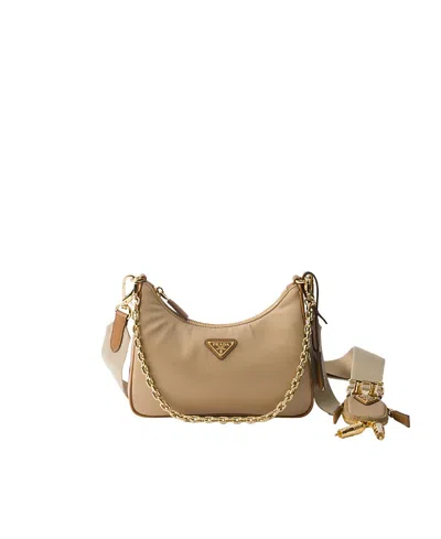 Prada Re-edition 2005 Re-nylon And Saffiano Leather Bag With Charm In Brown