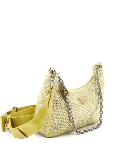 Pre-owned Prada Re-edition 2005 Shoulder Bag Crystal Embellished Satin Small Crossbody Bag In Yellow
