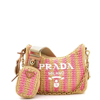 Prada Logo Striped Raffia Shoulder Bag In F0018 Naturale