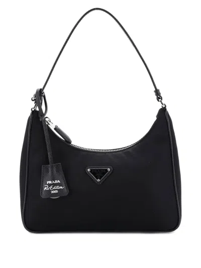 Pre-owned Prada Re-edition 2005 Tessuto With Saffiano Leather Mini Hobo Bag In Black