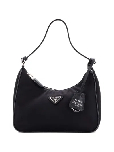 Pre-owned Prada Re-edition 2005 Tessuto With Saffiano Leather Mini Hobo Bag In Black