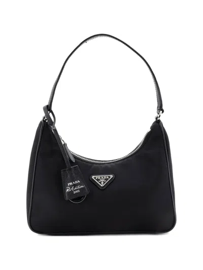 Pre-owned Prada Re-edition 2005 Tessuto With Saffiano Leather Mini Hobo Bag In Black
