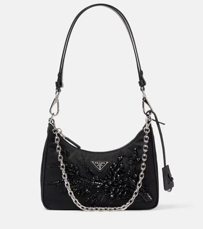 Prada Re-edition Embellished Shoulder Bag In Black