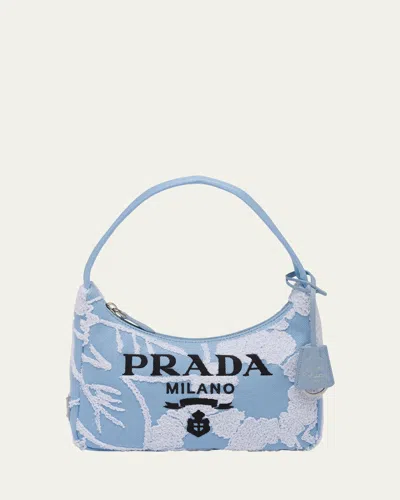 Prada Re-edition Embroidered Pouch Shoulder Bag In F0d9k Celeste Bianco