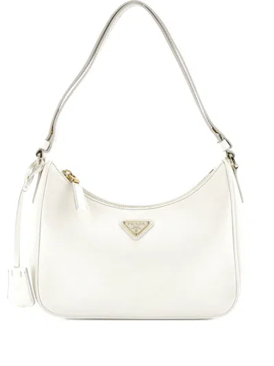 Pre-owned Prada Re-edition Hobo Saffiano Leather Mini Shoulder Bag In White