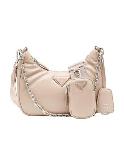 Prada Re-edition Leather Shoulder Bag In Naturale