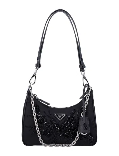 Prada Re-edition Nylon Embroidered Bag In Black