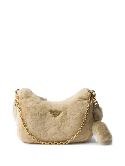 Prada Re-edition Shearling Mini Bag In Neutrals